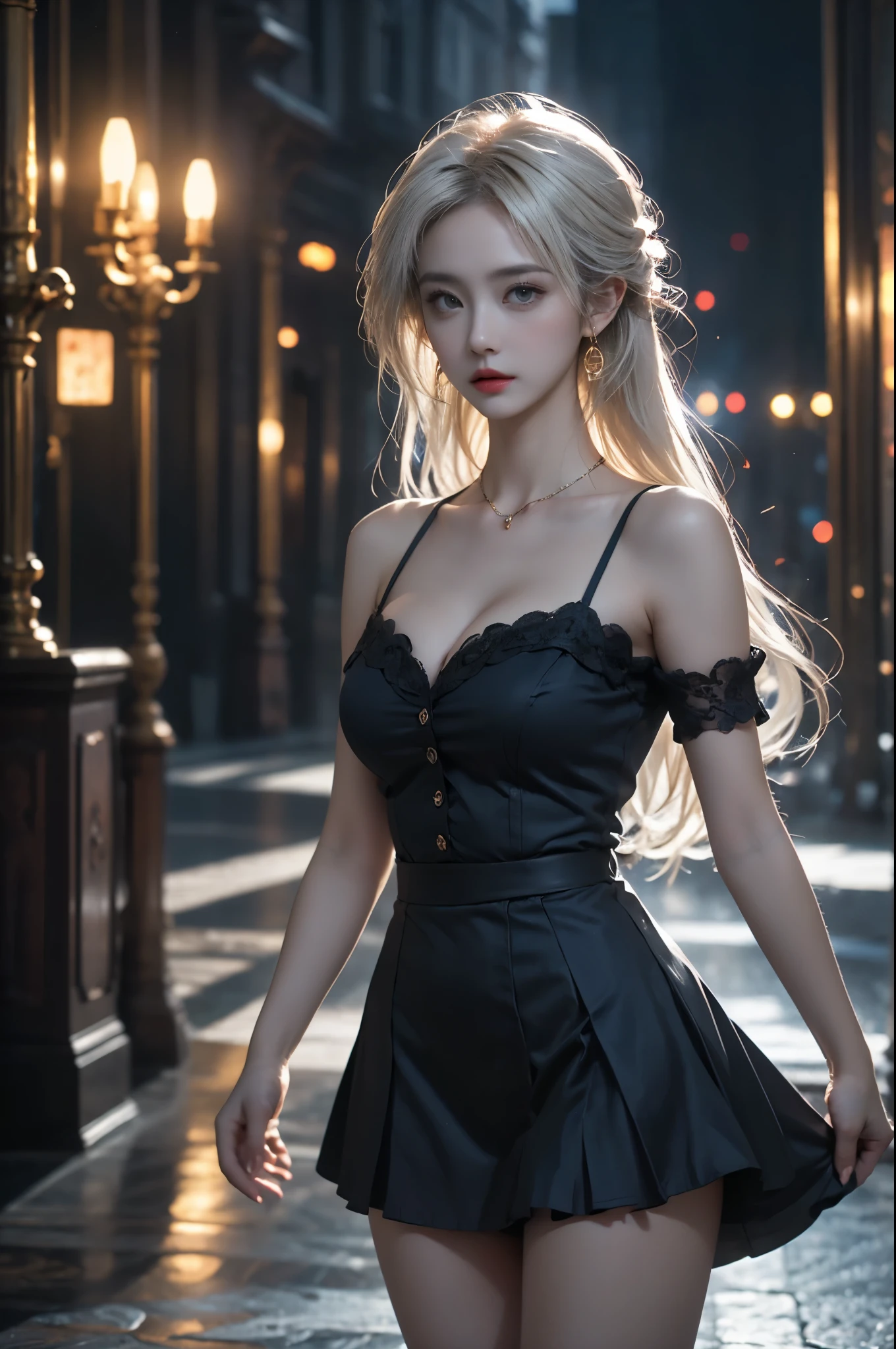 photo of beautiful (n4t3mm:0.99), (unreal engine), dramatic, beautiful blonde supermodel with blue eyes standing wearing ladies formal suit, dark moody ambience (masterpiece:1.2) (photorealistic:1.2) (bokeh) (best quality) (detailed skin:1.2) (intricate details) (nighttime) (8k) (HDR) (cinematic lighting) (sharp focus), (looking at the camera:1.1), ((closeup portrait:1.2)), (earrings), colorful outfit