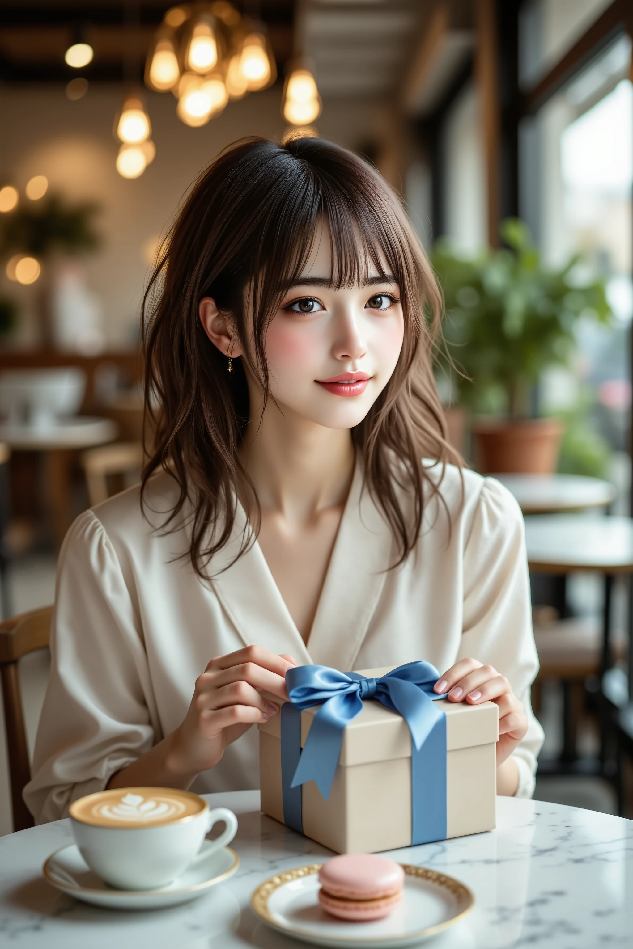 A breathtakingly realistic photograph of a stylish young woman with soft wavy brown hair and delicate makeup, sitting at an elegant café table, receiving a beautifully wrapped White Day gift. The gift is a beige-colored box adorned with a silky blue ribbon, reminiscent of a luxury boutique package. Her slender hands gently touch the ribbon as she looks at the gift with a warm, delighted smile. 

The café exudes a sophisticated yet cozy atmosphere, featuring warm ambient lighting from hanging Edison bulbs, wooden and marble textures, and lush green plants adding a fresh touch. A cup of artisanal cappuccino with delicate latte art sits beside the gift, along with a gold-rimmed dessert plate holding a pastel-colored macaron. The background is softly blurred, creating a bokeh effect with soft light reflections and the subtle chatter of other patrons enhancing the atmosphere.

The lighting plays dynamically on her face and the reflective surfaces, captured in **ultra-high-resolution 8K, HDR, cinematic lighting**. The scene is enhanced with **photorealistic depth of field, volumetric lighting, soft shadows, and micro-texture details on her skin, the fabric of her outfit, and the ribbon’s smooth texture**. The final composition achieves a masterful blend of warmth, elegance, and realism, making it feel like a moment frozen in time.
