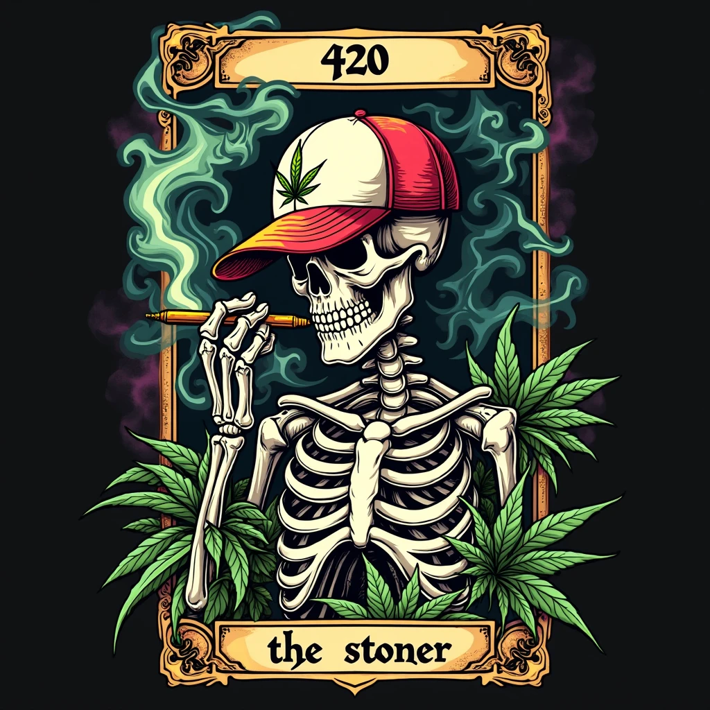 Team Theme: Addiction to drugs, alcohol, and weed
Logo Concept: A skull smoking weed
Design Elements:
Skull: The central element of the logo should be a skull, representing a hardcore, edgy, and intense theme.
Smoking Weed: The skull should be depicted smoking weed, with visible smoke swirling around.
Cigarette: Incorporate a cigarette in the other side of the skull's mouth, with smoke blending with the weed smoke.
Drug References:
Pills: Include scattered pills around the skull or integrated into the background.
Syringes: Position syringes to form crossbones behind the skull or incorporate them into the overall design.
Powder Lines: Subtle lines representing drug powder could be integrated along the edges or background.
Alcohol References:
Bottles: Add broken bottles or bottles pouring liquid around the skull.
Caps: Bottle caps can be used as design elements or incorporated into the skull's eyes.
Cannabis Leaves: Include cannabis leaves subtly in the design, either in the background or intertwined with other elements.
Typography: Bold, gritty, and slightly distressed fonts should be used for the team name and player names if included.
Mood and Tone: The overall mood should be rebellious, gritty, and bold, reflecting the intense and sometimes destructive nature of addiction.
Additional Notes: Ensure the design is edgy and provocative but remains respectful and avoids glamorizing addiction. The logo should be memorable and instantly recognizable.
Deliverables:
High-resolution logo file in multiple formats (PNG, JPEG, SVG)
A monochrome version of the logo
A brief description of the design elements and their significance