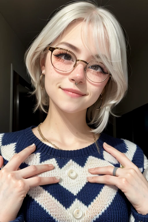 Albino girl, wavy hair, white hair, short hair, blue eyes, round glasses