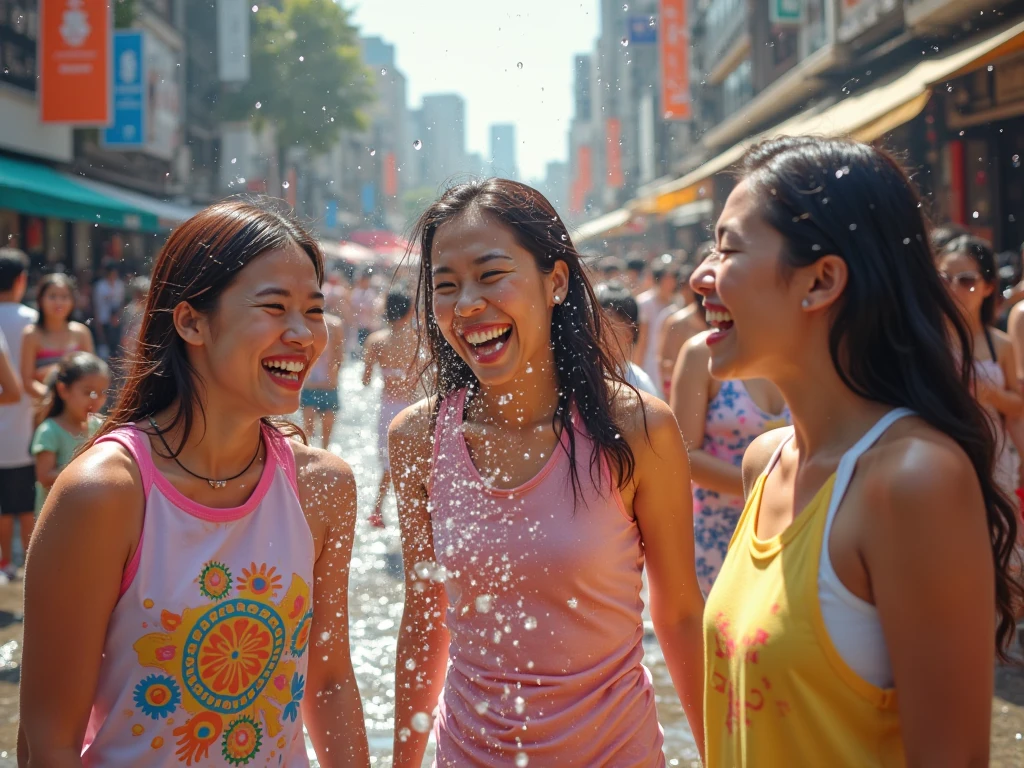 (best quality, 4K, masterpiece :1.3), pretty Woman, 1 girl, (breast, attractive body :1.2), abdominal muscles :1.1, light brown hair: 1.1, (wet from water splash, wet by water splash , wet :1.2), Super detailed face, Detailed lips, delicate eyes, double eyelids，white shirt is clearly visible, full body, on the street. Splash water, Young children join the festivities, their colorful water guns ready. Background is young ladies couples laugh as they splash water on each other,