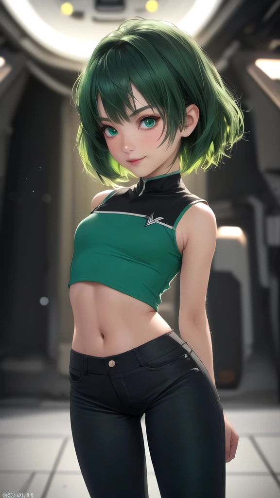 a beautiful girl is playing high jump, green short hair, blue eyes,Conceptual art, best photo shot, glowing light, realistic, UHD, textured skin, masterpiece, anatomically correct, best quality, 8k, full body