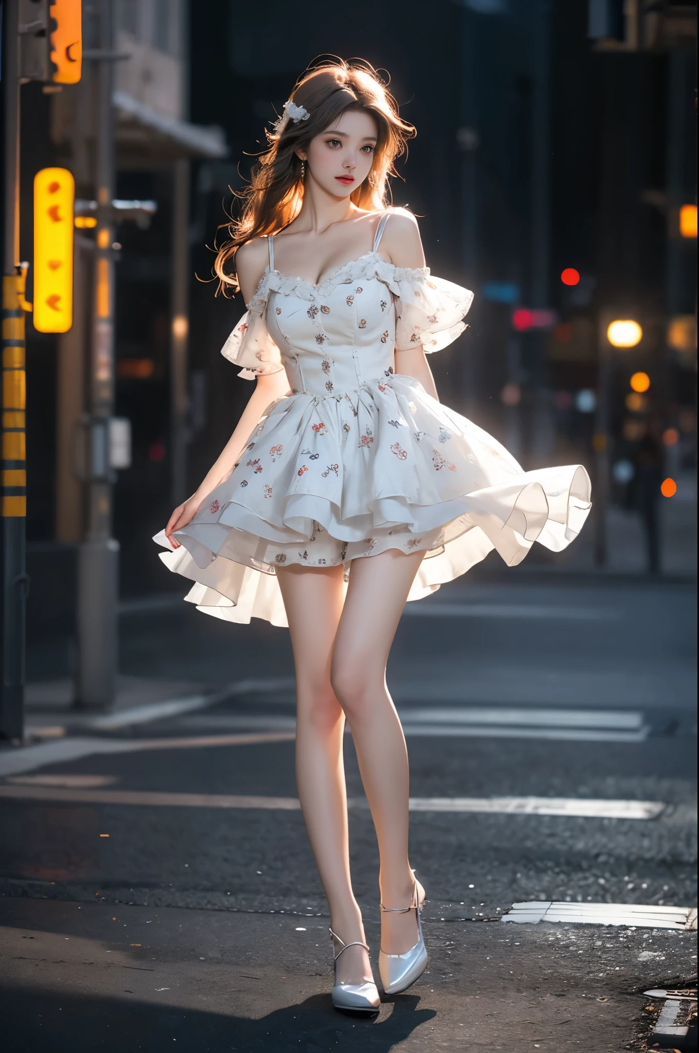 flower_dress ,(full body:1.3),(photorealistic:1.4), (anatomically correct:1.3), (full body portrait:1.3), (ultra detailed:1.2), (perfect anatomy:1.2), (detailed legs:1.2), (sharp focus:1.1), (clear skin:1.1),A beautiful young woman, relaxed pose, (Full bust, visible cleavage, very short hemline), ((three-quarter view:1.3), (three quarter angle:1.2), dynamic perspective, (45 degree angle:1.2), turned towards camera), slender figure, (symmetrical legs:1.1),(urban street background:0.8), night scene, warm color palette, neon lights, aesthetic lighting, romantic atmosphere, soft lighting, bokeh, cinematic depth of field, (dynamic composition:0.9), subtle film grain, 8k resolution, masterpiece, best quality
