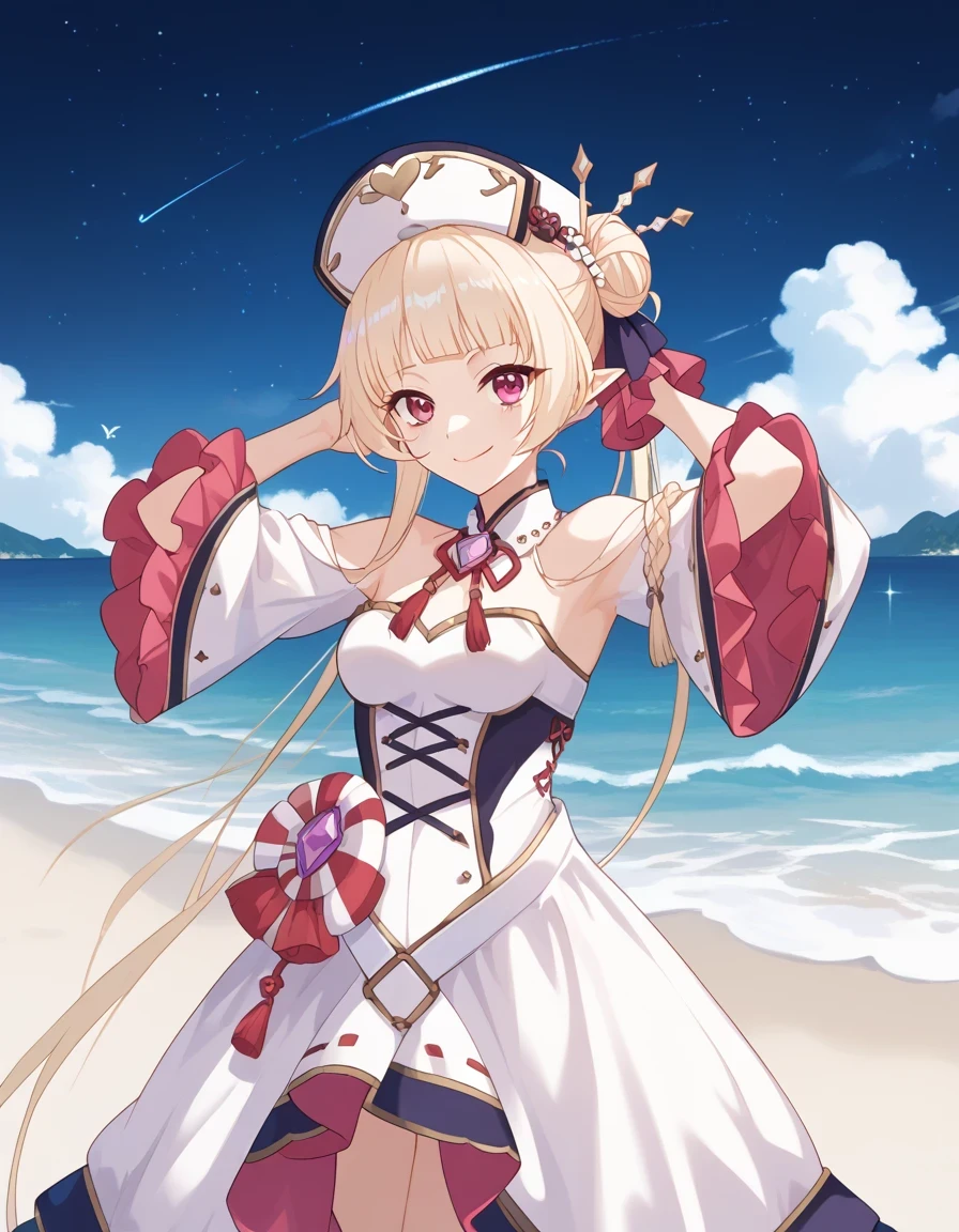 YukiNurse, blond hair, hair bun, hair ornament, hat, bare shoulders, frilled sleeves, white dress, wide sleeves, frills, game screencap, shiny skin, high quality, solo, night sky, beach, hands behind head, ((contrapposto)), closed mouth, cowboy shot, looking at viewer, smile, best quality