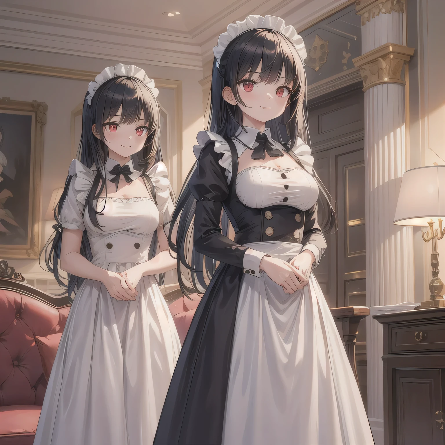A breathtakingly beautiful 20-year-old woman stands in an opulent mansion room, dressed in a classic black-and-white maid outfit with a short hem and a white brim cap. Her confident smile radiates warmth. The room features elegant furnishings and decor befitting a grand estate, bathed in soft, natural lighting that enhances the sophisticated ambiance. Long hair, black hair, red eyes.