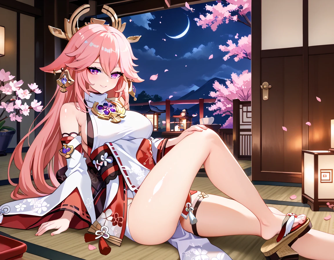 yaemikodef, Yae Miko smiles flirtatiously at a Japanese shrine, pecho grande, Noche de luna, Cara tonta, tetas desnudas, trasero desnudo, vagina desnuda, (solo desnuda), piernas desnudas, muslos desnudos