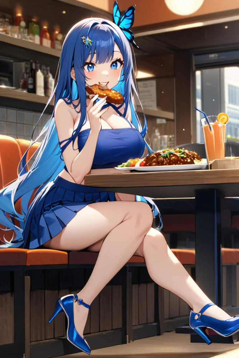 Your influencer character(sexy milf boobs) with long, blue hair sitting on a restaurant eating pizza. She is dressed in short skirt. and has a lovely expression on her face. colourful and bright colouring.