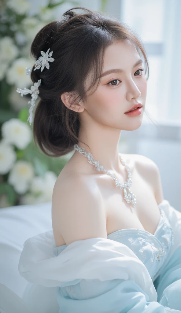 Beautiful bride, red wedding dress, delicate facial features close-up, shy, waiting to be married, fat body, full body photo, gentle eyes, no eye bags, light makeup