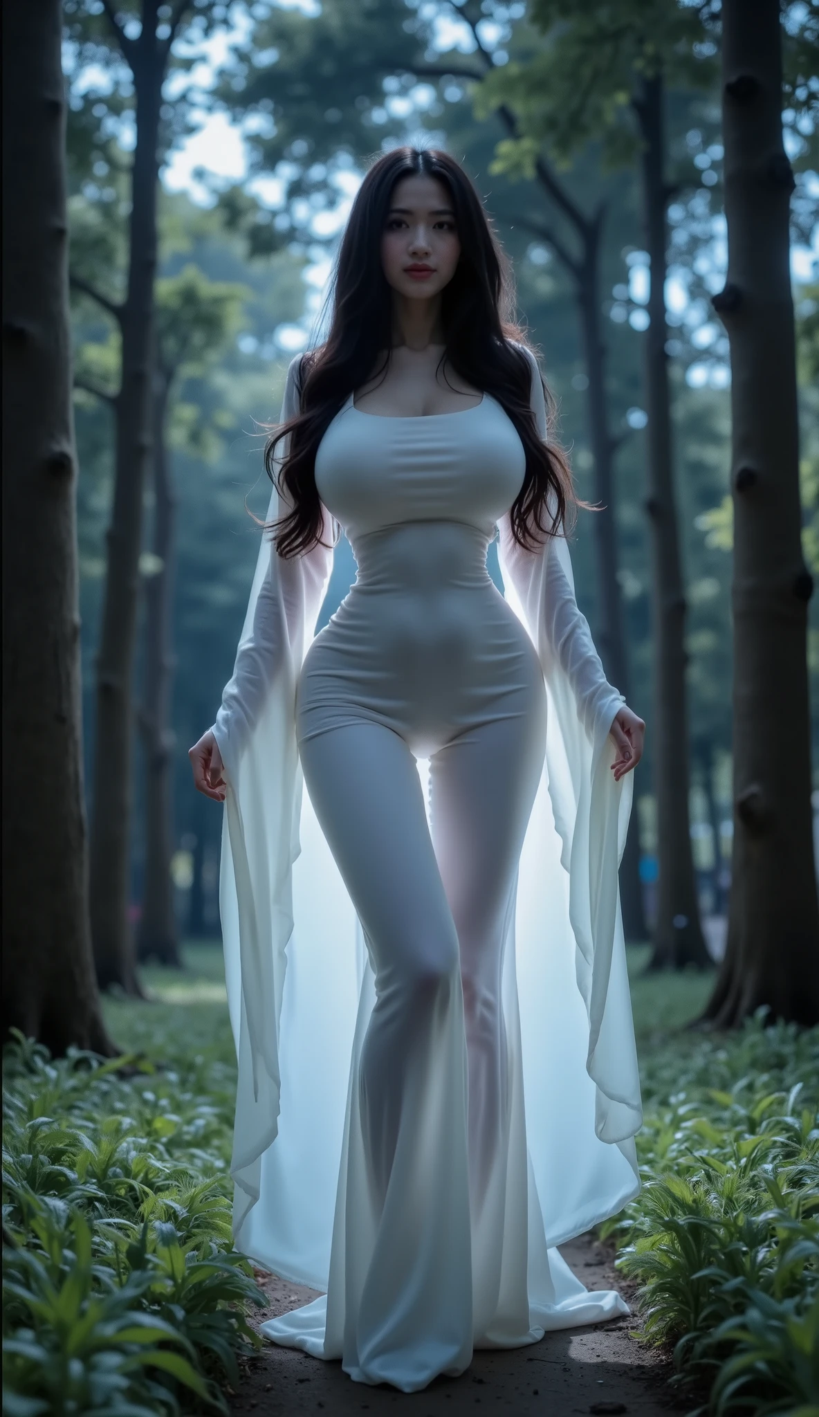 Woman dressed as a ghost, background of night forest, Some fireflies, VERY REALISTIC, Cinematic, professional photographer, ((real women)), long wavy black hair
