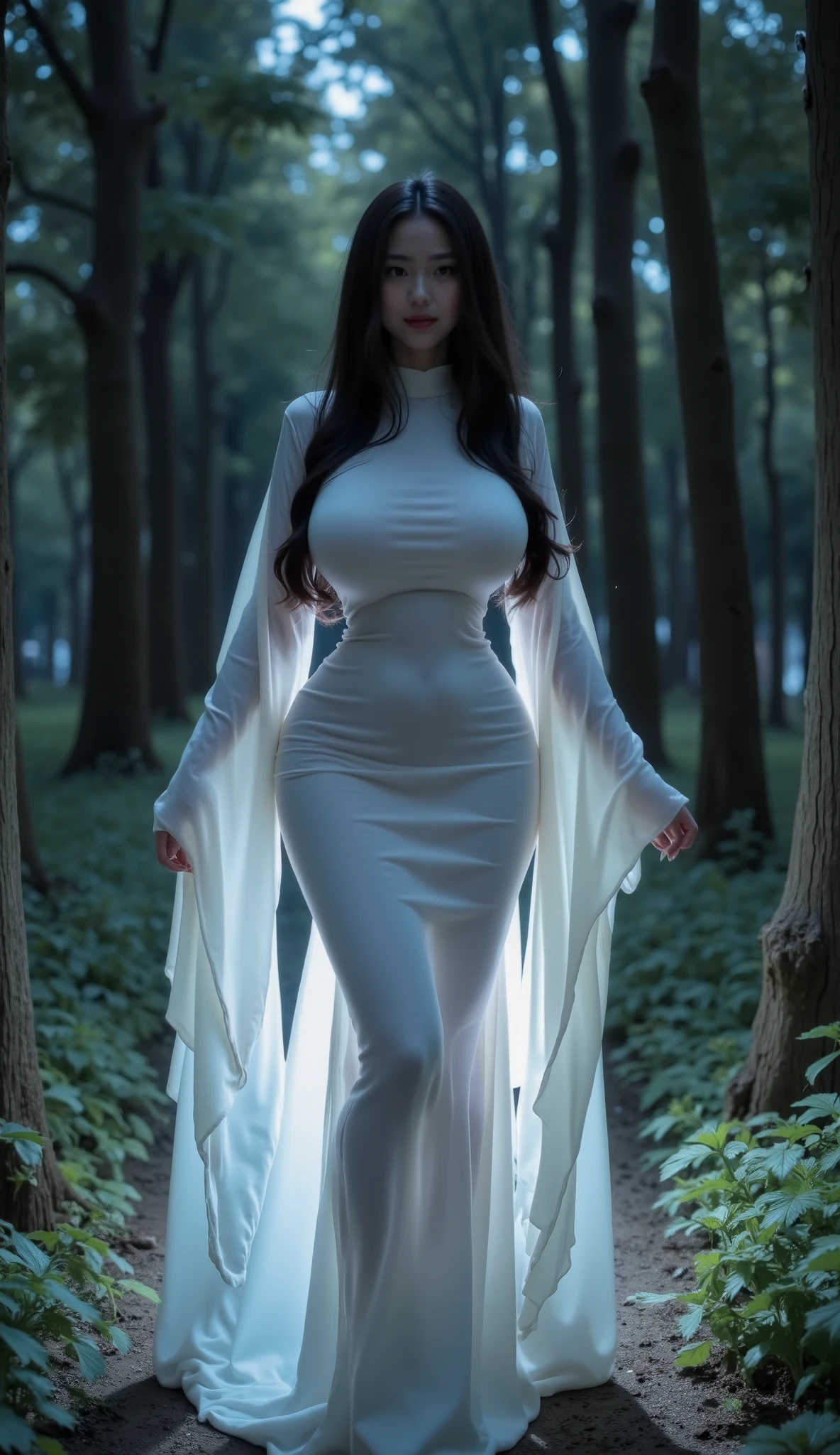 Woman dressed as a ghost, background of night forest, Some fireflies, VERY REALISTIC, Cinematic, professional photographer, ((real women)), long wavy black hair