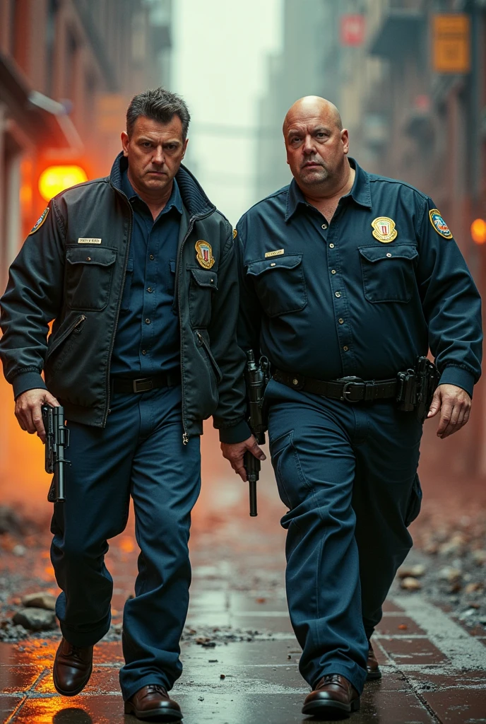 A realistic image of Officers Ariel Bellingham and Allison Pierz of the Miltona Police Department standing in front of a police car in Miltona, Minnesota. The officers are looking serious and tense, as if they are investigating a crime. The background is dark and ominous, creating a sense of suspense
