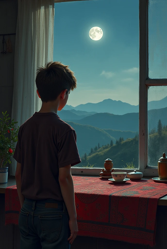 A high quality picture movement , a boy sit on the bed, a mountain scenery from the window, rain, a fan in the room, boy is eating food and watch tv.