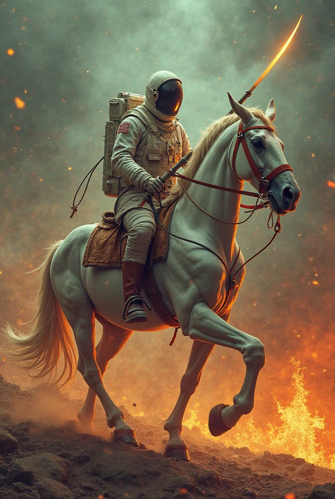 An astronaut on Mars, riding a white horse, earth exploding, starry sky, ultra-realistic, detailed, 8k, maximum quality.
