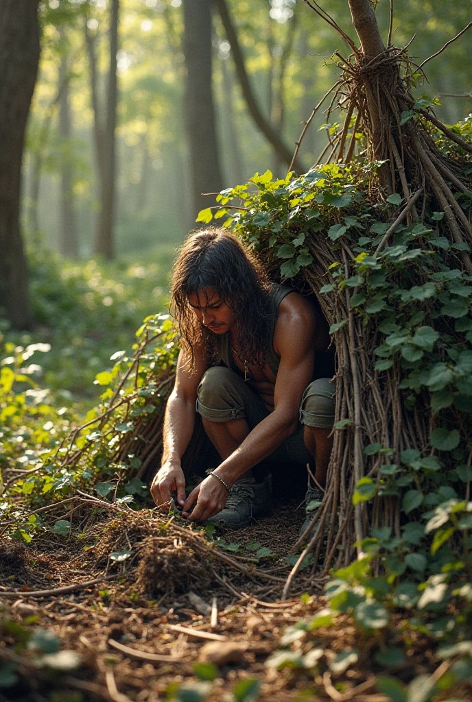 Photo of a handsome boy from behind in the middle of a dense forest, with a spear at the hip and 2 daggers filled with blood, His physical form is 11 years old with shoulder length brown hair neatly tied into a ponytail, his clothes were full of the dust of war