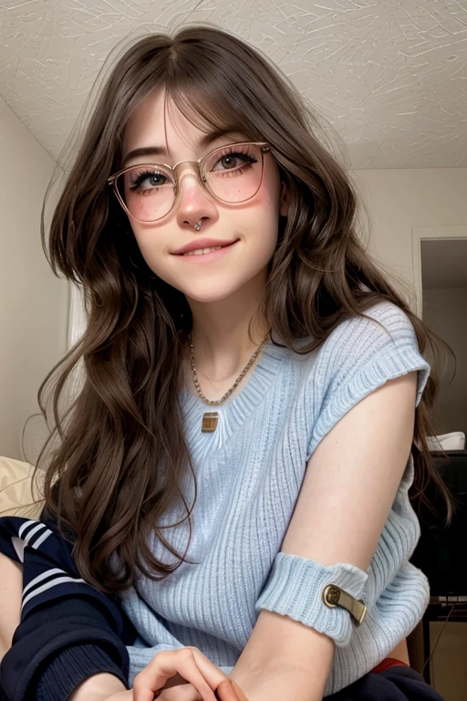female, caucasian, very pale skin, light freckles across nose, black hair, long curly hair, petite, skinny, thin glasses, geeky, nerd, slightly ugly face, friendly vibe, feminine, gentle, modest, beige sweater, full body