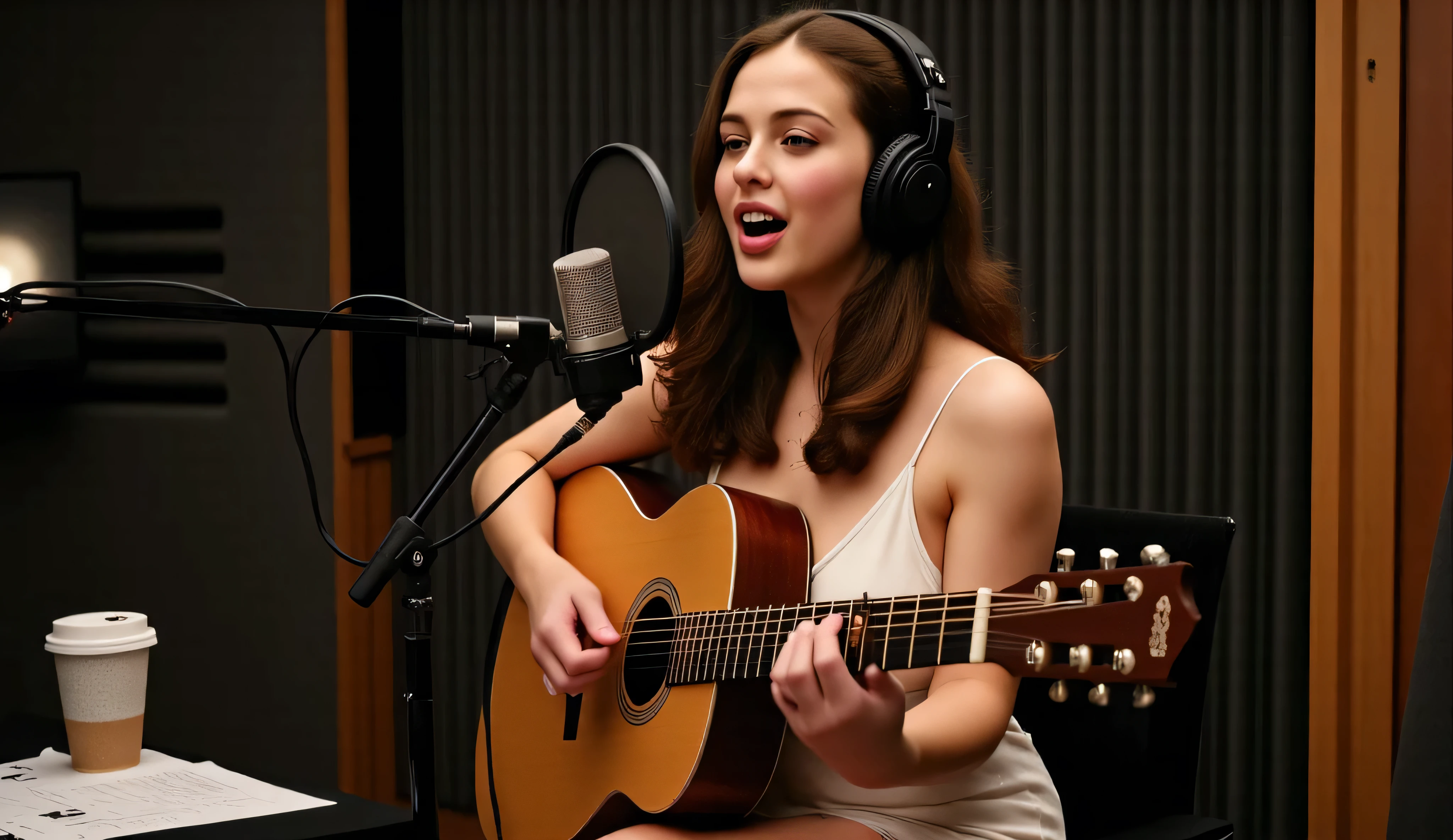 A young woman with long, wavy brown hair and fair skin, She wears a delicate spaghetti strap White or Black dress, sitting in a professional recording studio, playing an acoustic guitar and singing with deep emotion. She wears high-quality studio headphones, her fingers skillfully strumming the guitar as she sings into a premium condenser microphone. The studio is dimly lit with warm, cinematic lighting, highlighting the soundproof panels and modern recording equipment around her. Her eyes are slightly closed, fully immersed in the music. A few scattered lyric sheets and a cup of coffee rest on a nearby table, adding to the creative atmosphere. The background is softly blurred, focusing attention on the artist and her guitar. Created using cinematic lighting, high-definition details, soft shadows, and a professional studio aesthetic. --ar 16:9