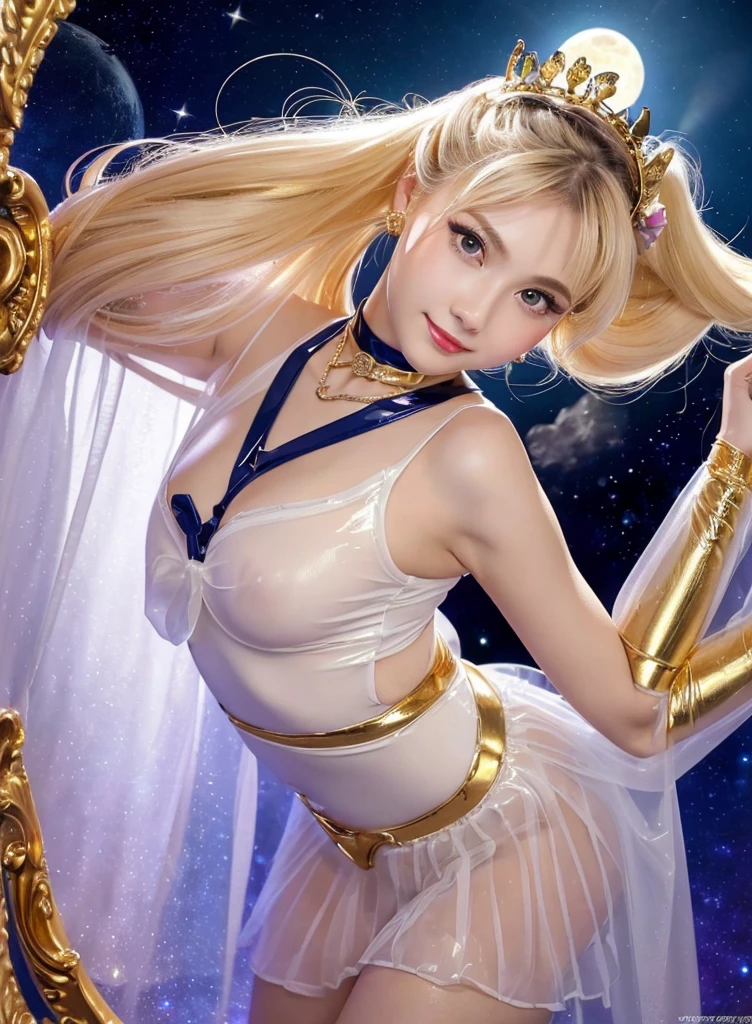 Top table、complete、support、realistic、super micro photography、high quality、Extreme detail wallpapers、bottom、intricate details、 sailor moon woman: Super Bishoujo Senshi sailor moon Mer1、Nether Warm Wind, earth、sailor moon warrior uniform、sailor moon: Eternal sailor moon Incredibly long and shiny blonde ponytail: very long thin straight twin-tail blonde, bun hair、red round hair ornament for bun hair sailor warrior uniform、sailor color, prayer mini skirt: shiny pleated mini skirt: large red ribbon on the chest,,,,,、long white latex gloves, red gloves on the elbows、A beautiful golden tiara on the forehead, beautiful golden jewelry、Extremely thin and high-gloss white holographic leather  fitted、High-gloss white latex swimsuit with high leg that shines like oil, facial details: bright blue eyes、Beautiful expression、beautiful eyes、Iris overview, bright eyes、thin lips: thin and clear eyebrows,、long and thick eyelashes、double eyelashes、thin, thin and muscular,,,、small face、tall and large breasts、perfect proportions、slim waist、sexy model posing、dynamic pose,visible pores、charming smile、perfect hands、octane rendering、very dramatic picture、(The deity of the moon, space background、moonlight rayoon、dynamic background、exquisite light and shadow、dynamic angle、detailed background strong natural light、sunlight、digital single lens reflex camera  unique、sharp focus: maximum clarity and sharpness