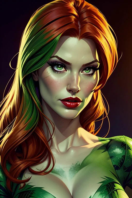 official art, masterpiece, Lorna Dane, Polaris,1girl, solo, makeup, lipstick,  long hair,  breasts, cleavage, bodysuit, cape, green leotard, midriff, portrait, ultra detailed, subsurface scattering, semi realistic, cosplay, specular highlights <lora:Polaris-10:0.8>