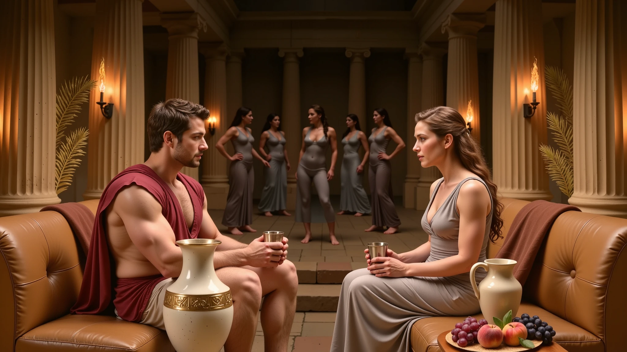 A realistic night scene in the hall of an ancient Greek palace, lit with torches. In the center, Hercules is sitting on a couch talking to Queen Hippolyta. Both are holding silver cups. The image is high definition and ultra-realistic, like a scene from a movie. Perfect Hands. A night scene in the hall of an ancient Greek palace, lit with torches. In the background, women are dancing. dancing like odalisques. The women wear Greek tunics. Beside them are amphorae of wine and a small table with Grapes, peach, fruit and bread.