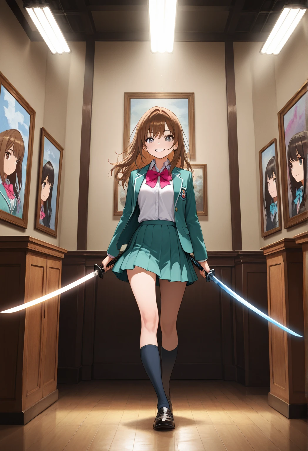  a Japanese girl  holding a sharp, sparkling katana sword with both hands ,  Wearing a high school uniform ,  long brown hair,(gal),  Gives strong smile to gray eyes  ,  studio lighting,  Ultra Fine Painting,   sharp concentration, Physically based rendering,  extreme detailed explanation ,  PROFESSIONAL , vivid color, Blur,  Portraits, full body shot,  Masterpiece  , top quality, Amazing Quality , very aesthetic, high definition , Ultra Details 