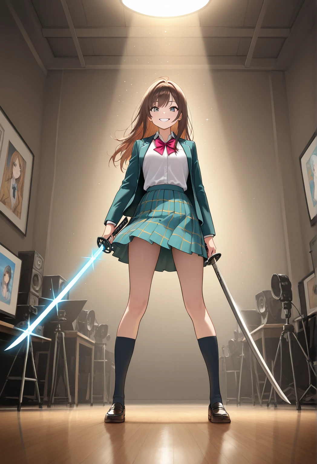  a Japanese girl  holding a sharp, sparkling katana sword with both hands ,  Wearing a high school uniform ,  long brown hair,(gal),  Gives strong smile to gray eyes  ,  studio lighting,  Ultra Fine Painting,   sharp concentration, Physically based rendering,  extreme detailed explanation ,  PROFESSIONAL , vivid color, Blur,  Portraits, full body shot,  Masterpiece  , top quality, Amazing Quality , very aesthetic, high definition , Ultra Details 