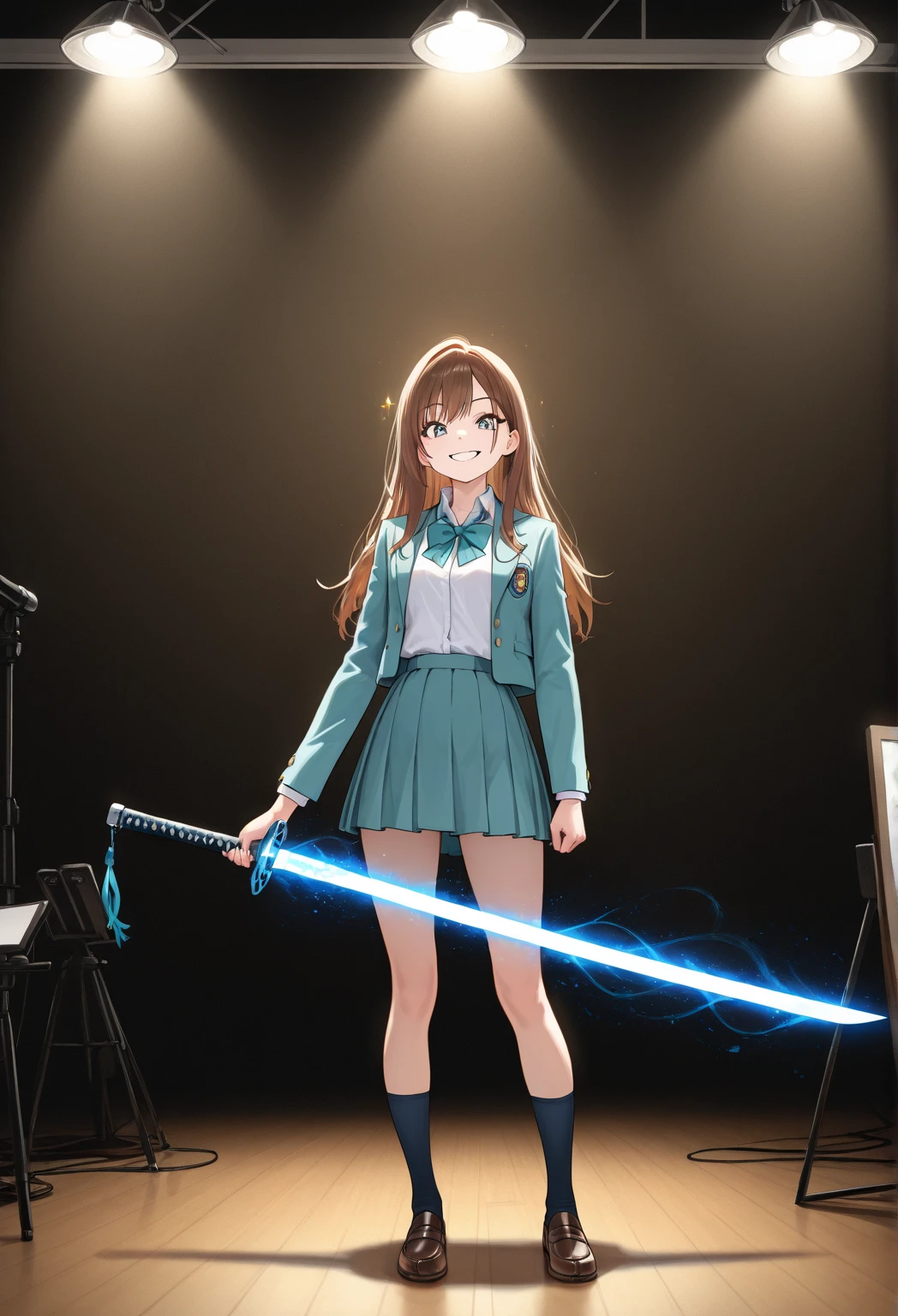 a Japanese girl  holding a sharp, sparkling katana sword with both hands ,  Wearing a high school uniform ,  long brown hair,(gal),  Gives strong smile to gray eyes  ,  studio lighting,  Ultra Fine Painting,   sharp concentration, Physically based rendering,  extreme detailed explanation ,  PROFESSIONAL , vivid color, Blur,  Portraits, full body shot,  Masterpiece  , top quality, Amazing Quality , very aesthetic, high definition , Ultra Details 