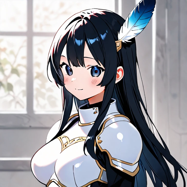 1girl, armor, black_hair, blurry, blurry_background, blurry_foreground, breasts, blue_eyes, closed_mouth, depth_of_field, earrings, jewelry, long_hair, looking_at_viewer, smile, solo, upper_body