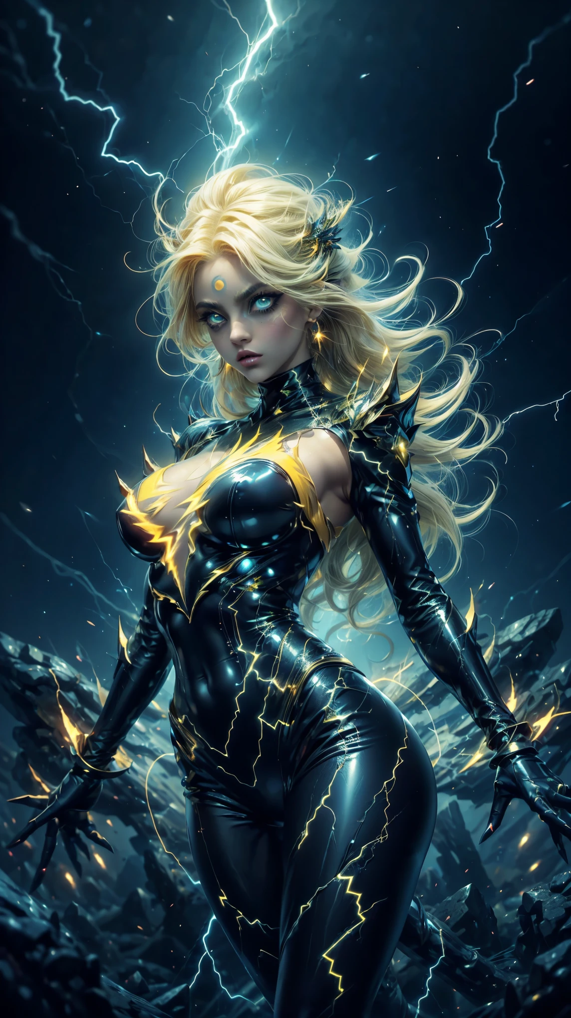 close up portrait, VERY CLOSE, sexy female pose , half body, leaning on the wall, close-up shot, with yellow hair with black highlights {x} a woman in a yellow outfit with black, motion blur in the background, semi-divine anime lightning girl, beautiful electric goddess, heavenly anime girl, beautiful body, lightning magic, electrical powers , with yellow electric magic powers, medium bristled hair, big eyes cristalinos, bright green eyes , eye liner, ears with lightning earrings, Night, fashionista, Beautiful divine face, 8K anime art wallpaper, yellow electrical energy surrounds her, Hyperrealistic skin texture, (make-up: 1.1), (big eyes: 1.5), (big breasts: 1.1), (Constriction: 1.2), dynamic pose, (top quality, masterpiece, absurd: 1.3), Flashes of magic, Chaos in the city, 8K anime art wallpaper