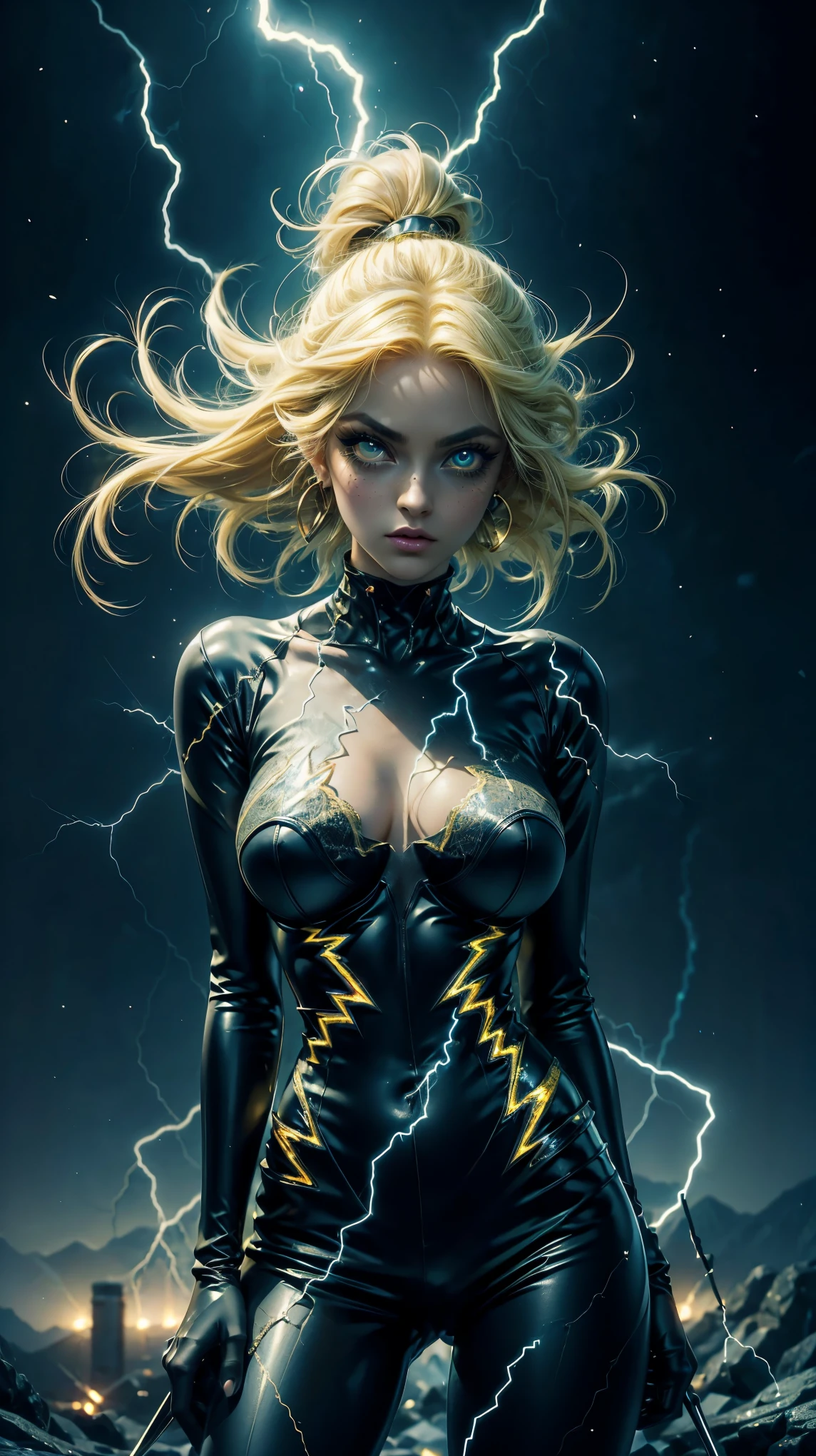 close up portrait, VERY CLOSE,  sexy female pose ,  half body, leaning on the wall, close-up shot, with yellow hair with black highlights {x} a woman in a yellow outfit with black, motion blur in the background, semi-divine anime lightning girl, beautiful electric goddess, heavenly anime girl,  beautiful body, lightning magic,  electrical powers , with yellow electric magic powers, medium bristled hair, big eyes cristalinos,  bright green eyes , eye liner, ears with lightning earrings, Night, fashionista, Beautiful divine face, 8K anime art wallpaper, yellow electrical energy surrounds her, Hyperrealistic skin texture, (make-up: 1.1), (big eyes: 1.5), (big breasts: 1.1), (Constriction: 1.2), dynamic pose, (top quality, masterpiece,  absurd: 1.3), Flashes of magic, Chaos in the city, 8K anime art wallpaper
