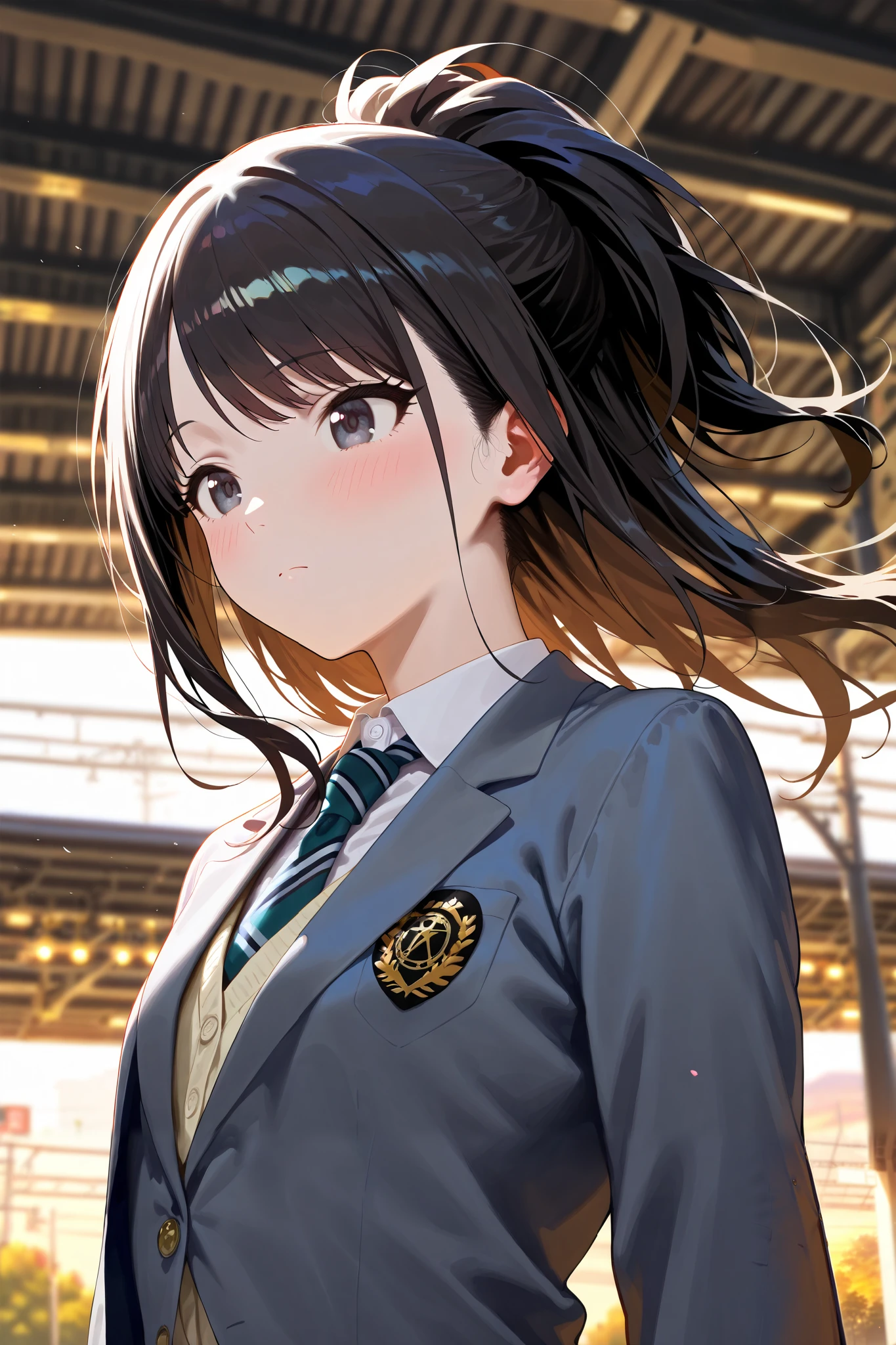 (masterpiece), (Highest quality), (Very detailed), (The best shape), (Best Shadow), (Absurd), (Detailed Background), (so beautiful), Shiny, Beautiful eyes in every detail, Extraordinary, Countershading, 8k, 32K, High resolution, Very Detailed CG ,

Score_9, Score_8_up, Score_7_up, Source_anime, 
(Pastel painting:1.2), (Watercolor painting:1.2),
(Masterpiece, Detailed:1.2), (Foreshortening:1.2),

Cinematic, Dramatic, (depth of field:1.4),
(blurry background:1.4), (Realistic background:1.4), dynamic angle, from below,
1girl, solo, 
Japan, Big city train station, Platform, (evening:1.2), wind,

Kazano Hiori, 
the idolmaster shiny colors,
hiori kazano, ponytail, black hair, black eyes,

(school uniform:1.3), school bag,
White collar, tie, black tie, Stripes tie, gray tie,
(cardigan:0.9), Inner cardigan, linen cardigan,
blazer, (gray blazer:1.2), long sleeves blazer, (Button-up her blazer:1.5), (buttoned all the way up:1.4),

(Blush:1.3),
Portrait,
look away,
Focus on face,
Realistic skin,
Shiny skin,