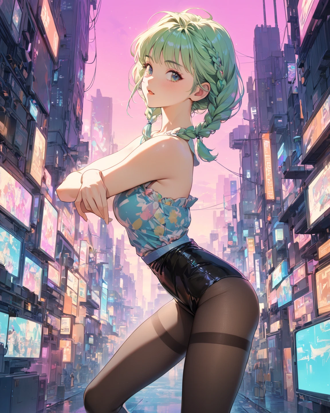 1girl, short green hair, green eyes, ((black plain t-shirt, denim shorts, fishnets thighhighs, sitting, crossed legs, legs focus, bench, bored expression, in Time Square Avenue)), curvy figure, overlooking city, blush, day BREAK (((Masterpiece))), ((Highly detailed character)), ((perfect eyes)), ((perfect face)), ((best quality)), ((perfect hands)), high resolution, highly detailed image, thick thighs BREAK Beautiful background, volumetric lighting,