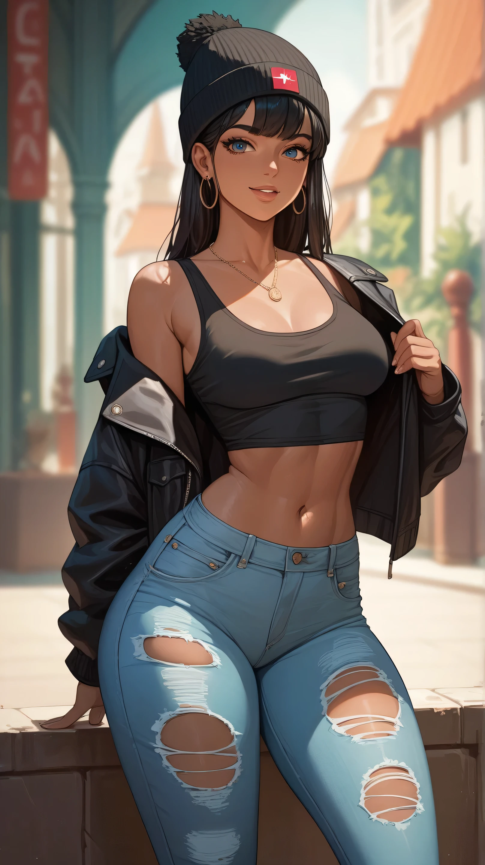 masterpiece, highest quality, ultra detailed, high detail anime, colombian woman, beautiful woman, tan skin, black hair, bangs, slim waist, wide hips, thick thighs, beanie, denim jacket, black tank top, ripped jeans
