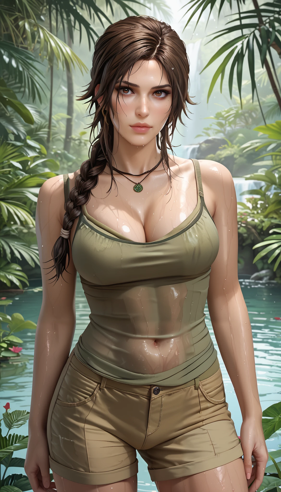 (masterpiece, best_quality:1.2), 1girl, solo, mature female, Lara Croft, braided hair, beautiful eyes, female focus, looking at viewer, medium breast, cleavage, wide hips, ((solo)) detailed, very high resolution, no blurry image, beautiful, elegant, intricate details, detailed background, confident expression, wearing olive tank top, olive shorts, standing in a jungle lake, wet skin, wet clothes