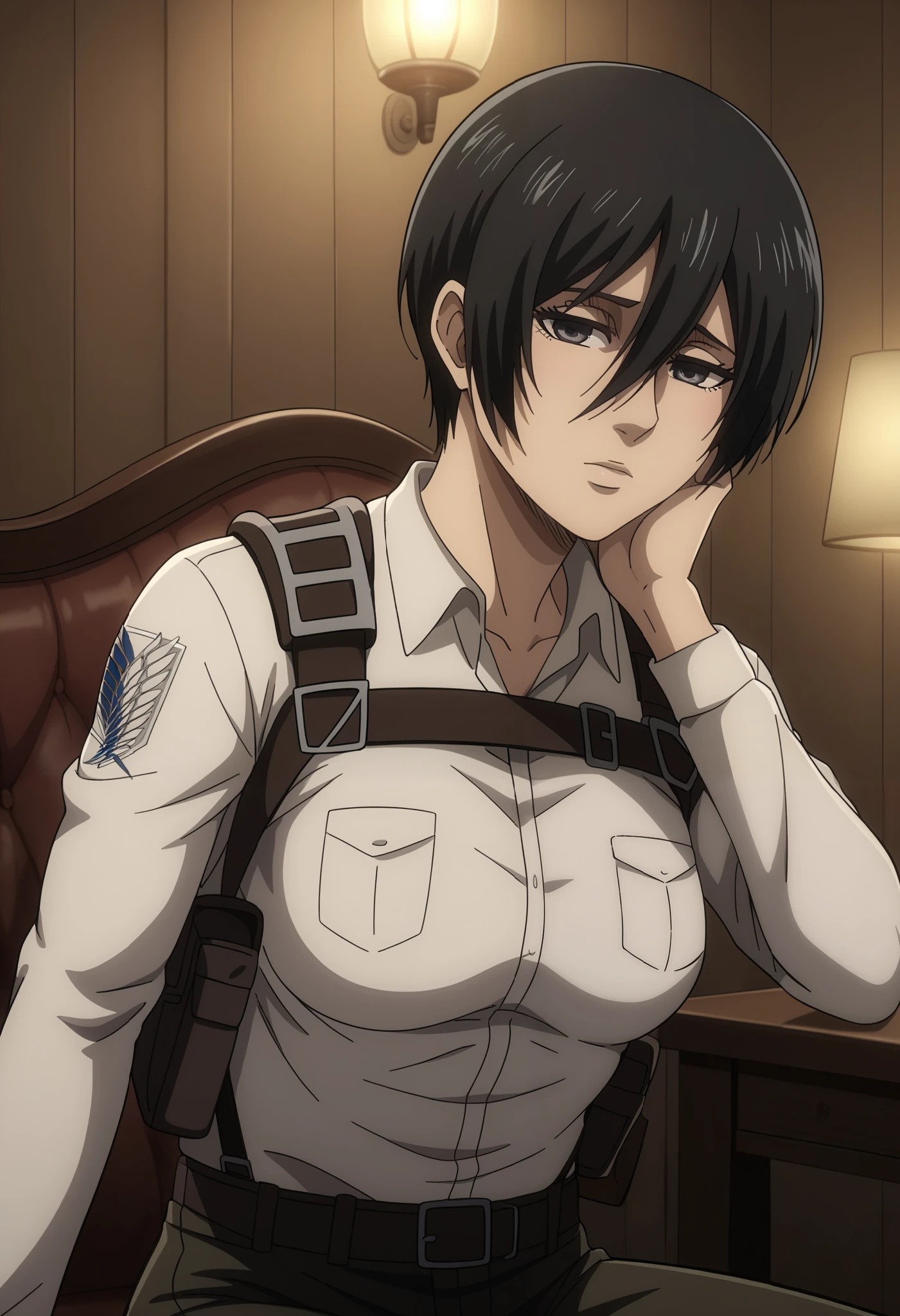 score_9, score_8_up, score_7_up, BREAK source_anime, mikasa ackrman, grey eyes, black hair, short hair, medium breasts,Mikasa wreanig black tight sport  Elastic  fiber  bra and black loose military trousers,mikasa with good looking body,perfect lighting,mikasa final season design,mikasa mappa version, mikasa sitting on  chair, Perfect generation,mikasa short hairstyle,mikasa season 4 version,attack on titan graphics,in night,HD wallpaper,perfect colors,pixie cut hairstyle, normal body size, white shirt, anime style,attack on titan season 4 style,upper body, mikasa handsome face,in bedroom,light trun off in room,mikasa alone in room,solo,1girl, shy face, (small cleavage)