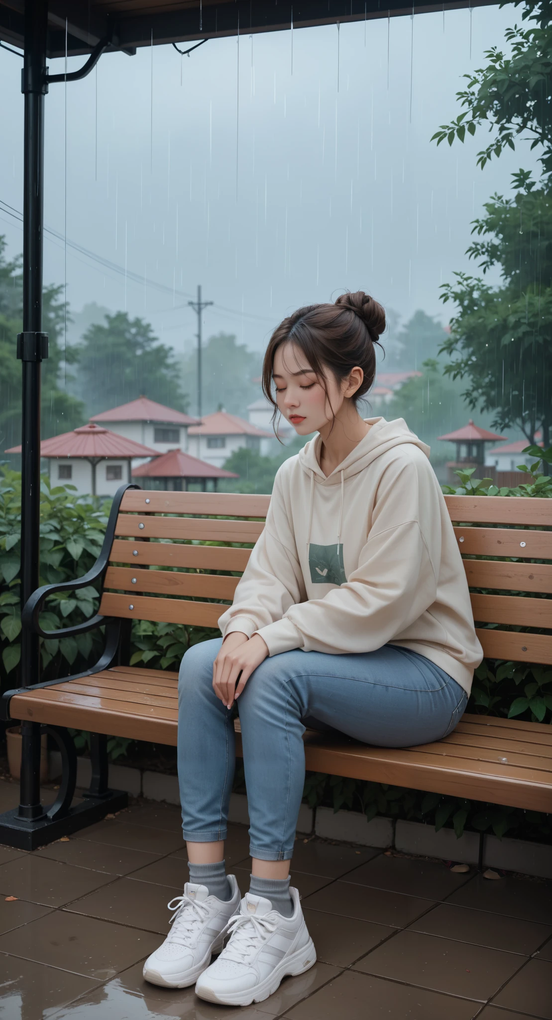 (masterpiece, high quality, 8k, high_res), 、Hairstyle bun、 pale brown hair、eyes closed、a girl sits on a bench in the rain and looks at the sky,、dressed in a sweatshirt, jeans and sneakers、Grey socks、 

