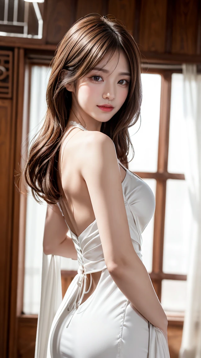8K, Highest quality, Realistic, photoRealistic, (alone),1 Girl), Light, masterpiece, (Cute Smile), Depth of written boundary, (In the room), ,(Mid-chest:1.2), (Small beautiful butt), (Narrow waist), Thin thighs、(White skin), (long wavy brown hair),(Beautiful Face:1.2) ,(Bright Eyes) ,(Beautiful tall girl、Baby Face:1.3), alone , ((Stylish clothing design:1.2))