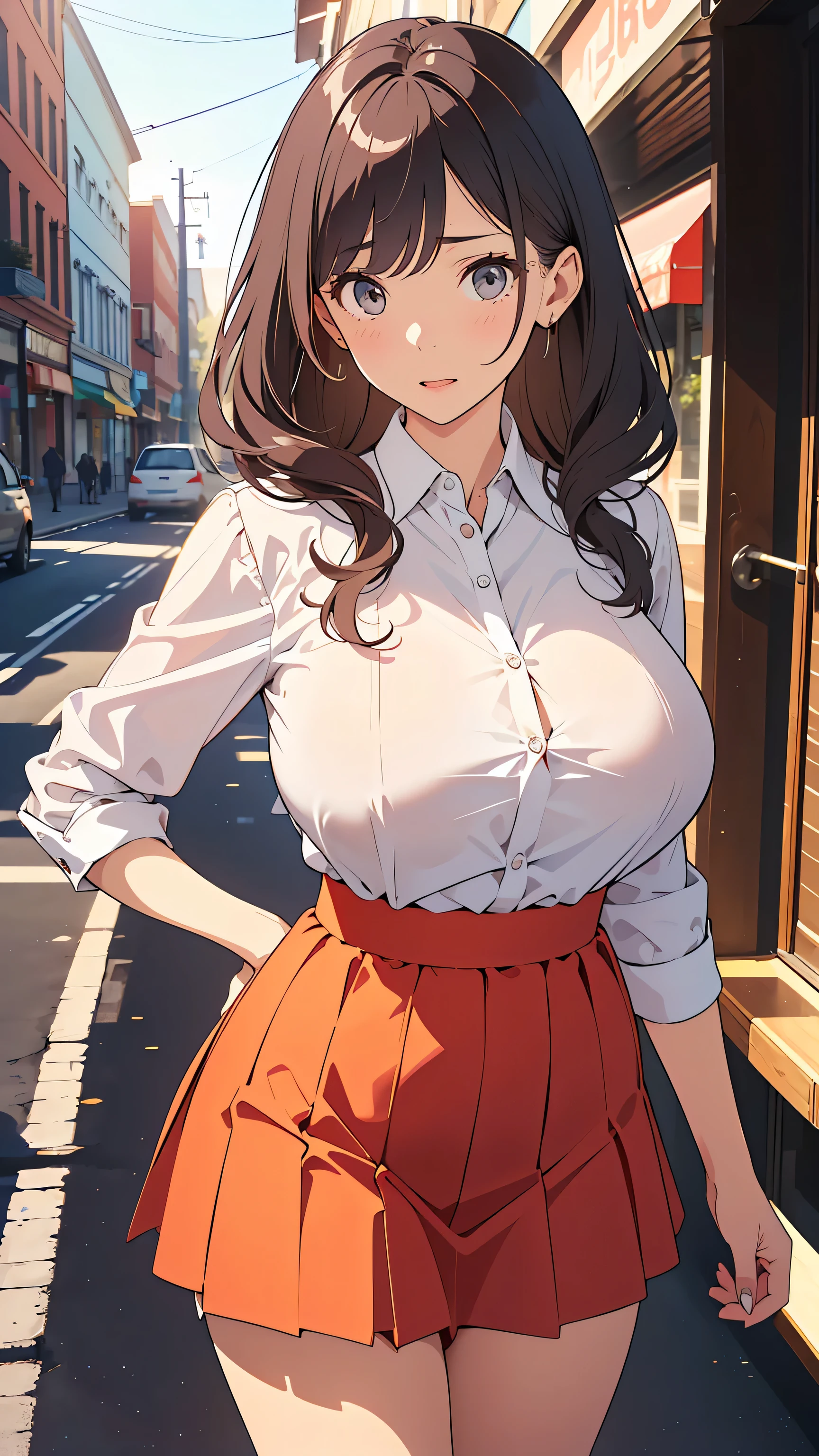 masterpiece, top quality, Nostalgic Photos:1.5, (( images of silk blouses outlined with very fine lines :1.3)), very accurate, fine sections , high resolution, 8k Wallpaper, SLR camera , perfect dynamic configuration, Detailed facial expression , Beautiful eyes down to the smallest detail , (Random color , silk blouse, Simple pattern :1.3), ( Exposed Waist ,Light Color, flare skirt), ( slightly longer hair, shiny hair,Loose hair, curly hair), ( big natural breasts :1.5 ), (28-year-old woman, Rin 々Nice and neat woman:1.3), (embarrassing expression), natural colored lips, (Around town, Nobody:1.5), Early morning city, thighs:1.3, panty line , , Composition looking down at a woman from above at an angle
