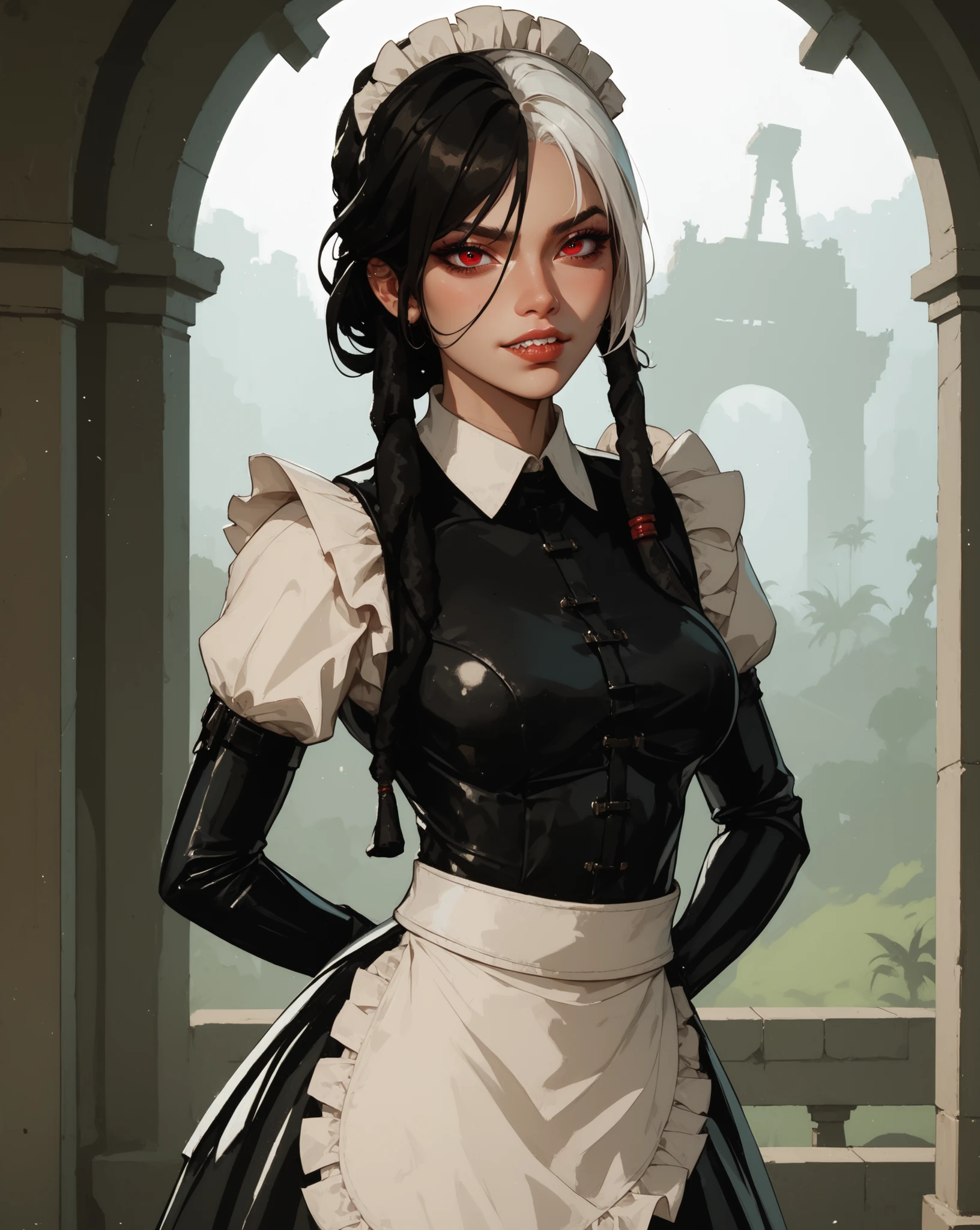 masterpiece, HD , great quality, very aesthetic, absurd, high contrast , high color palette , light glare ,Latest ,2.5D,Volummetric lighting, Sweet, jung, 1 girl, aztekisch, round face, slim lips, small breasts, red eyes,athletic body, aztekisch, white hair strands, look at the viewer, Dreadlocks, shy, smiles, Anime shark teeth, background: jungle and Aztec ruins,