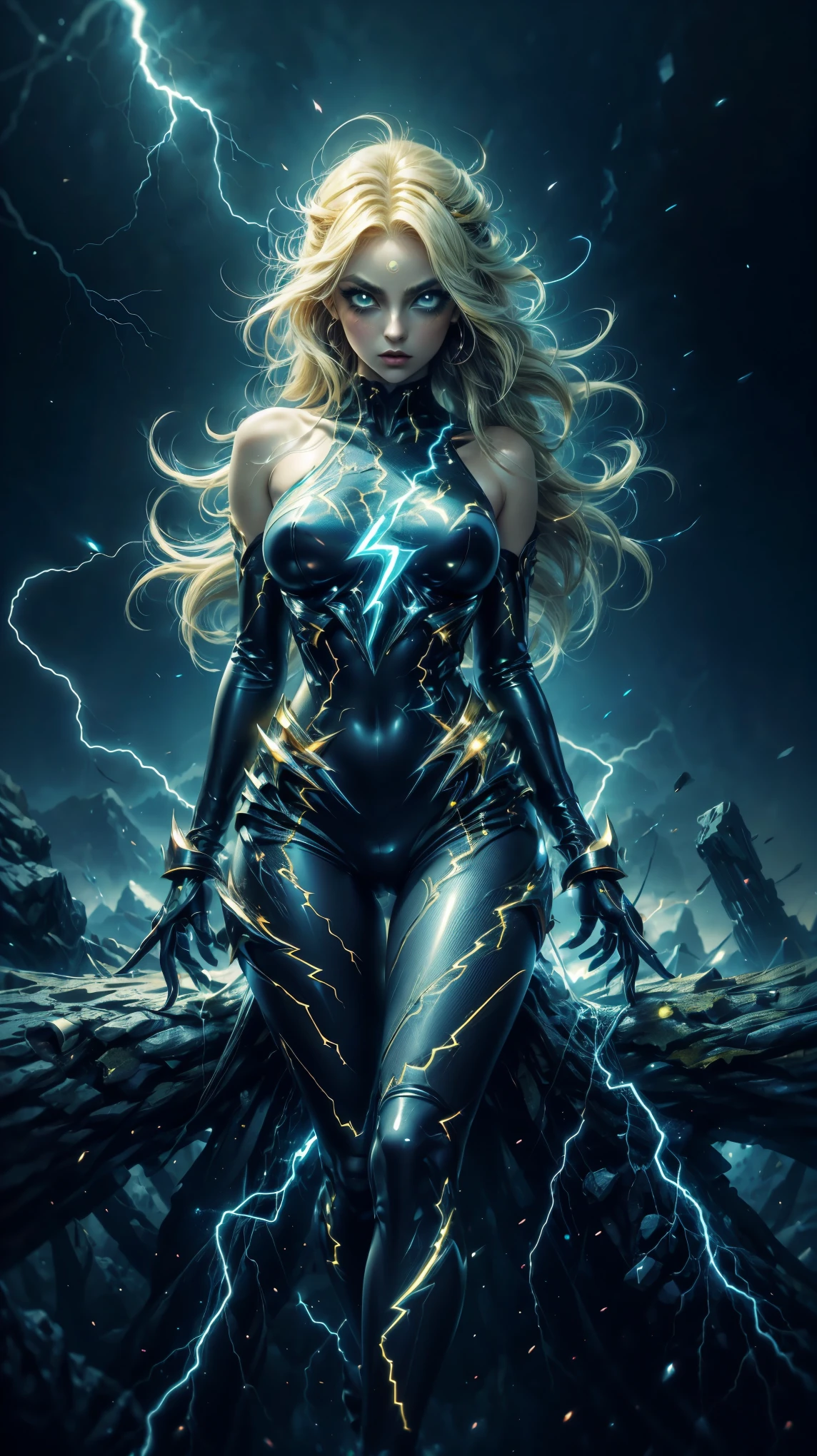 close up portrait, VERY CLOSE, sexy female pose , half body, leaning on the wall, close-up shot, a woman in a yellow and black outfit, motion blur in the background, semi-divine anime lightning girl, beautiful electric goddess, heavenly anime girl, beautiful body, lightning magic, electrical powers , with yellow electric magic powers, medium bristled hair, big eyes cristalinos, bright green eyes , eye liner, ears with lightning earrings, Night, fashionista, Beautiful divine face, 8K anime art wallpaper, yellow electrical energy surrounds her, Hyperrealistic skin texture, (make-up: 1.1), (big eyes: 1.5), (big breasts: 1.1), (Constriction: 1.2), dynamic pose, (top quality, masterpiece, absurd: 1.3), Flashes of magic, Chaos in the city, 8K anime art wallpaper