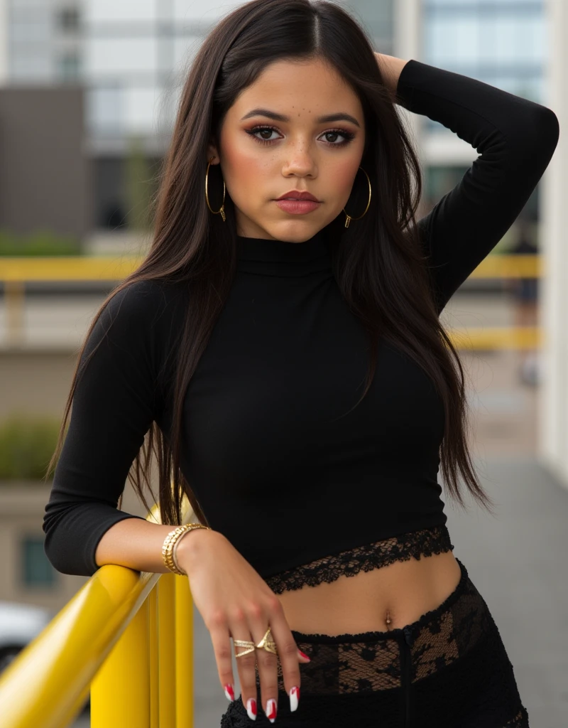 Create a highly realistic image of Valeria, a 20-year-old Colombian model with a charming, provocative smile. She's at an outdoor café, wearing a low-cut blouse and a tight pencil skirt that accentuates her curves. Her long, black hair is styled in loose curls, and her eyes are enticing, filled with curiosity. Her pose is flirtatious, leaning forward with her elbows on the table and her chin resting on her hands, engaging with the viewer. The image should be in a 1:1 ratio, 16k resolution, making her appear as a seductive and lifelike presence.
