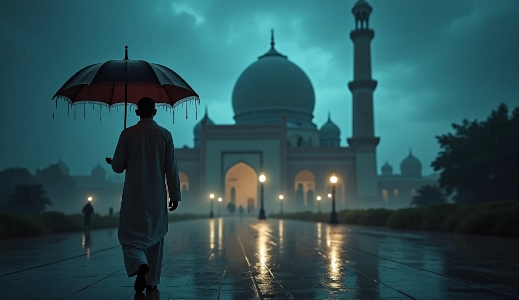 Masjid with terrible flood and people (Man) going masjid in rain and some umbrella and white weather 