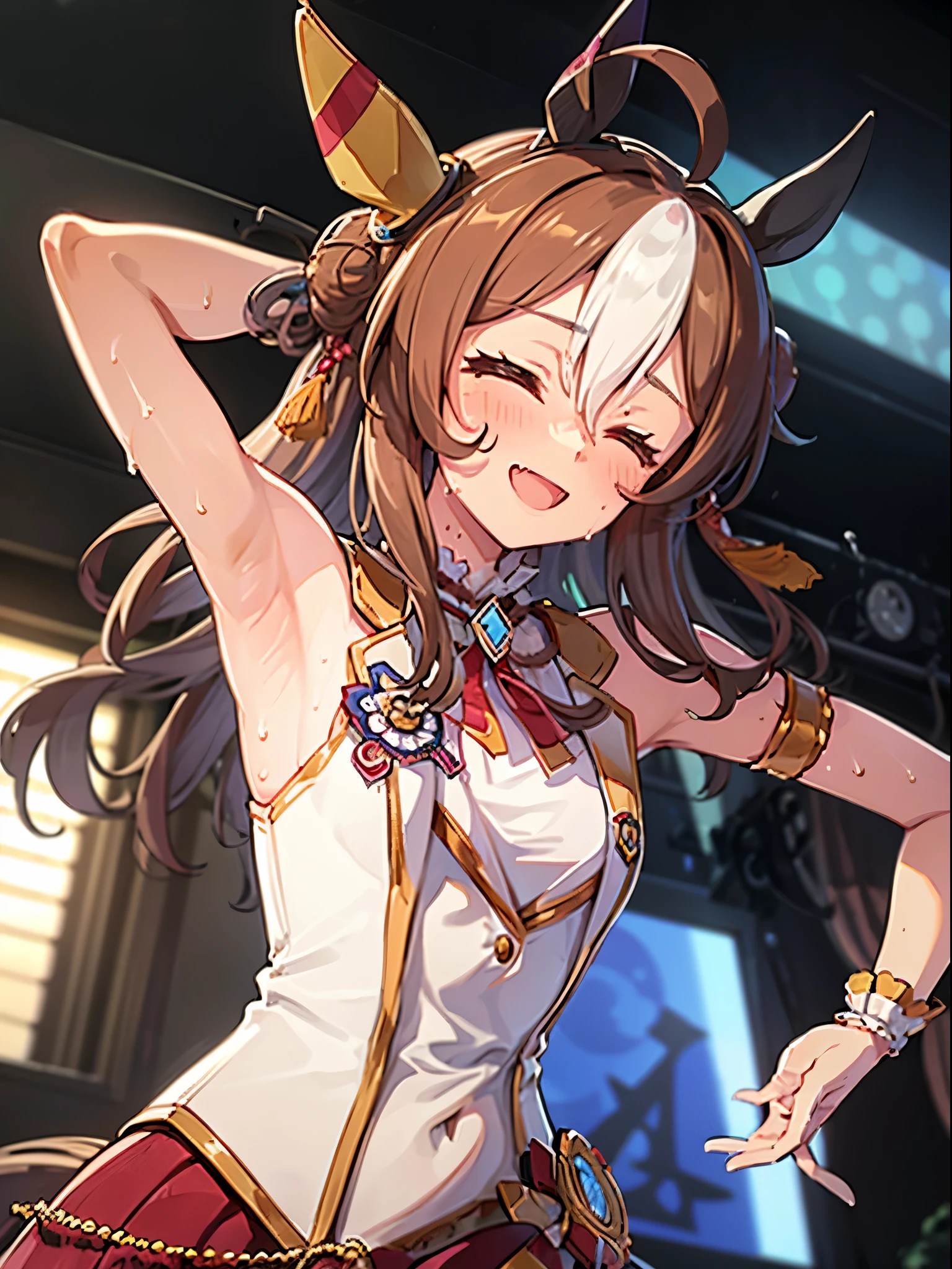 show me your armpits,sleeveless,wet skin, Kopanolicky\(Uma Musume\), 1 girl, Alone, cute girl,best quality, super detailed, 8k, high resolution, detailed face, upper body, smile, opened my mouth, closed eyes, sings on stage, New Stars Rose, keyboard leaning against, (((sweat,)))