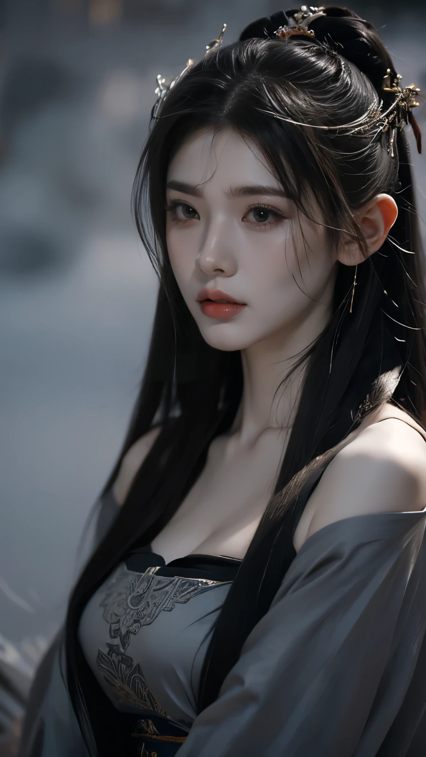masterpiece,[game art, Best Picture Quality ,highest resolution,【8k,(portrait),Fantasy Engine 5 Rendered Artwork,(digital photography),((portrait Feature:1.5)),
20 year old girl, Short Hair Detail ,Have long bangs,( Red-eye makeup Very fine ),( Long gray hair left :1.4),( large , Full breasts),Elegant and Noble ,Brave charm ,
(future armor combined with the characteristics of ancient Chinese armor, Hollow Design ,Powered Armor, Mysterious oriental runes , Exquisite dress pattern , Magic flash ), Future Warrior, Cyberpunk Character ,war background,
movie lights, light tracking ,Game CG,(( 3D Fantasy Engine )), OC Rendered Reflective Pattern