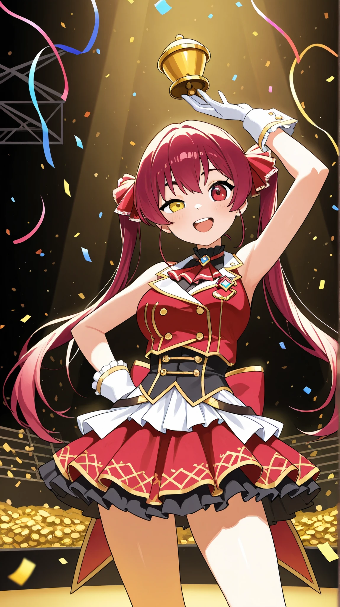 1 girl, Treasure Bell Marine,Right hand above head,Left hand forward,I'm raising my left leg back,twin tails,live stage,confetti around,odd-eye(right eye:red,left eye:yellow),masterpiece, top quality,