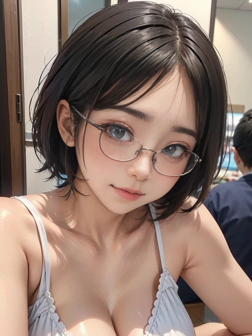 Blythe doll with tomboy haircut, semi red hair, White skin, brown eyes with few eyelashes and glasses