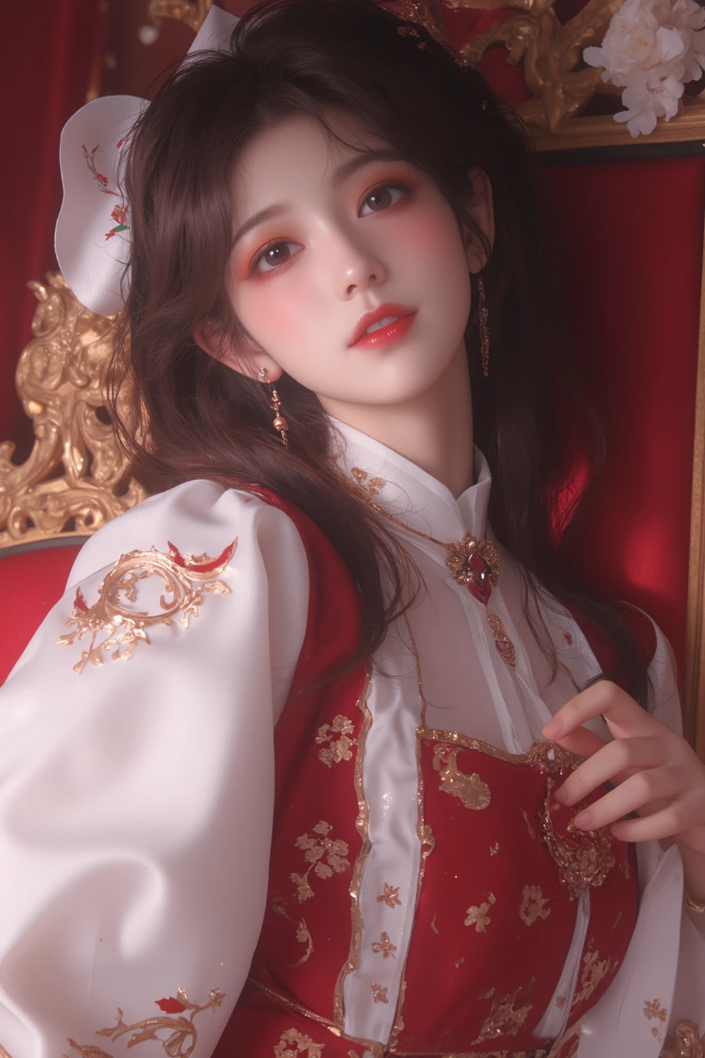(masterpiece、top-quality、top-quality、Beautifully Aesthetic:1.2)、(1girl in:1.3)、(Fractal art:1.3)、absurderes、masterpiece、top-quality、realisitic、ultra-detailliert、(shinny skin)、Look at viewers、A slender、1girl in、独奏、stright long hair、Princess Cut、red eyes、动态照明、hight resolution、foco nítido、depth of fields、 tiny chest、Vampires、masterpiece、top-quality、ultra-detailliert、Super detailed face、best quality face、20 years old、Adults、1girl in、20 years old、No humans、white hair、Alchemy costume、Intricate detailed costumes、sexy pose、Glowing red dress