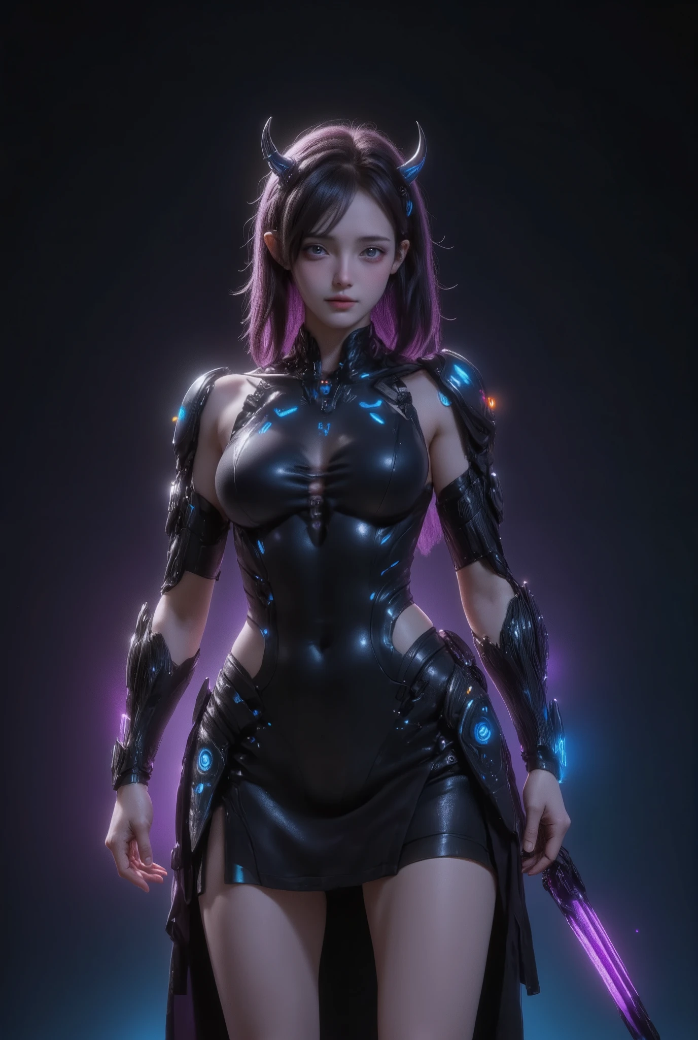 Create a futuristic, cybernetic female character standing in a striking pose. She should have sleek, black armor that hugs her figure, with subtle, glowing blue accents. The armor should feature various futuristic symbols and numbers, adding a complex, high-tech feel. Her cheekbones have two metal plates, flanked by helmets, and her ears have two thin, raised, pointed, radar-like metal plates, blending seamlessly into her armored suit. and over the girl's tight-fitting suit was a long, shiny black half-skirt. Her left hand is holding a black metal long spear that emits a soft, blue light. She have beautiful face, perfect body. She has long black hair, the ends of her hair glow blue. The background should be a dark, gradient color to enhance the character's features and the glowing elements. The overall vibe should be a blend of sci-fi and cyberpunk aesthetics, emphasizing a strong, confident persona.