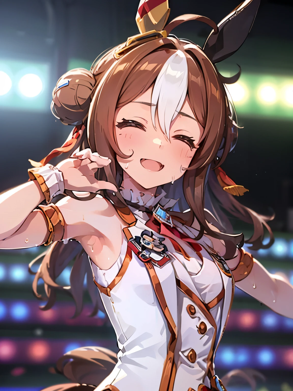 show me your armpits,sleeveless,wet skin, Kopanolicky\(Uma Musume\), 1 girl, Alone, cute girl,best quality, super detailed, 8k, high resolution, detailed face, upper body, smile, opened my mouth, closed eyes, sings on stage, New Stars Rose, keyboard leaning against, (((sweat,)))