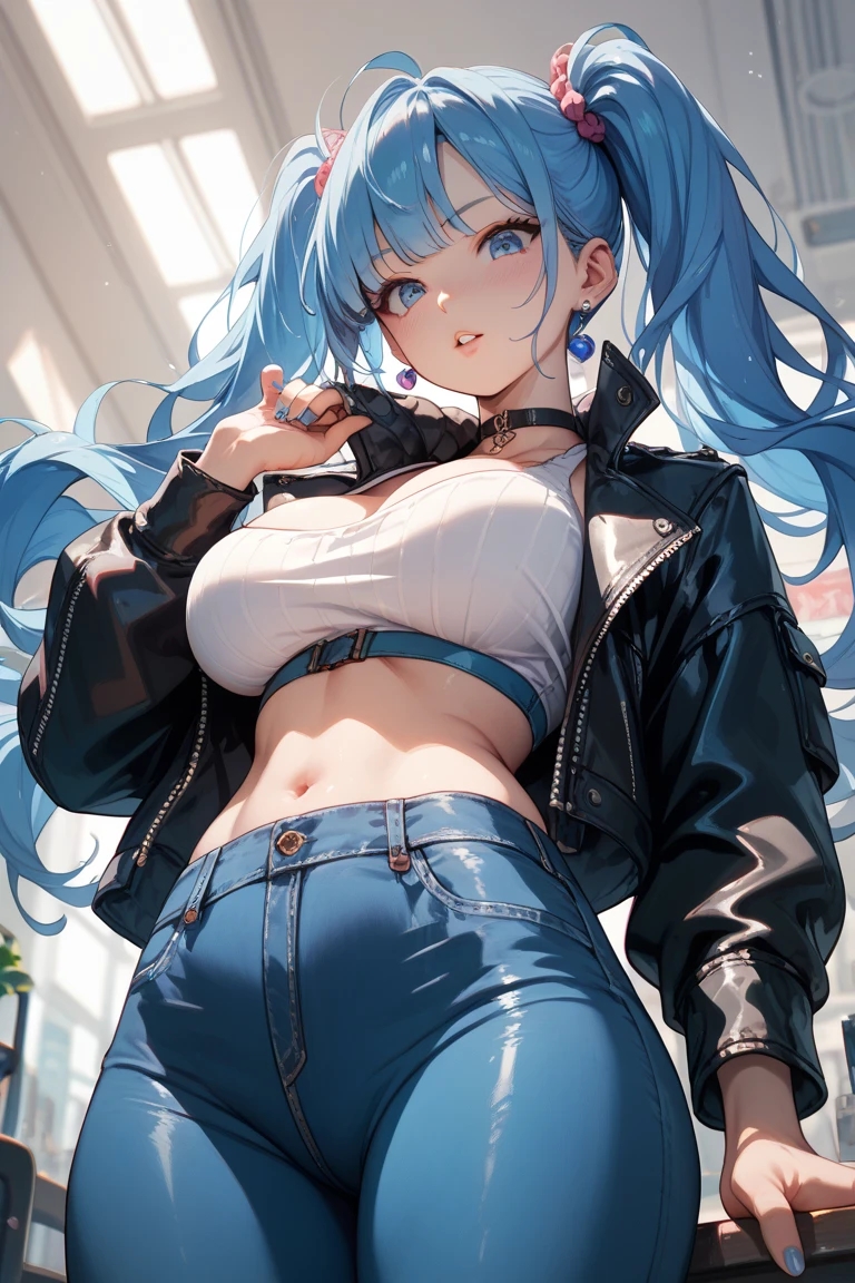 High school woman, (gyaru aesthetic:1.2), (shoulder length blue hair), (yellow eye:1.1), (skinny with flat belly:1.1), thigh gap, (heavy breasts), (bubble butt), (wide hips:1.1), (slim waist:1.1), (thick thighs:1.1), (detailed face and eyes:1.2), wearing a (black leather jacket over a white bra:1.2), (unzipped jeans hanging very low on hips:1.2), downtown city street, (detailed hand and finger:1.2), (medium breasts:1.2), (busty), (deep cleavage:1.2), (labia outline:1.3), (hard teat:1.3).