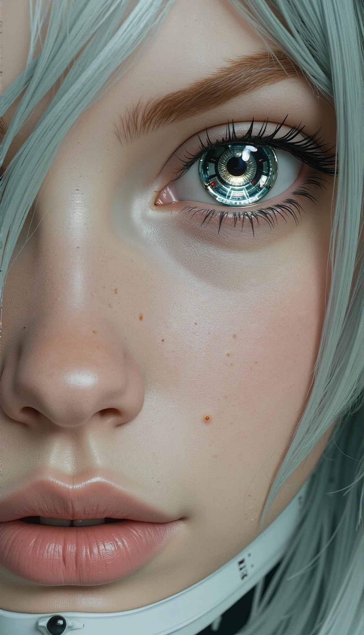 Portrait Photography、A cybernetic eye、beautiful woman、beautiful skin、(((Very realistic human eyeballs:1.7、artificial eyeballs、完璧なartificial eyeballs、Mechanical)))、android